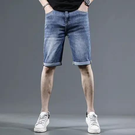 蓝色五分牛仔短裤男2023夏季新款潮牌直筒男士弹力薄款休闲中裤男图片