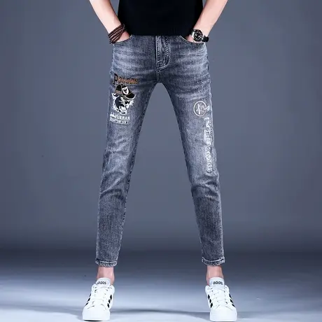 烟灰色刺绣花牛仔裤男款九分裤2023新款裤子休闲修身小脚弹力高端商品大图
