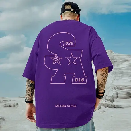 美式重磅紫色短袖纯棉宽松大码男装oversize嘻哈夏季情侣半袖T恤商品大图