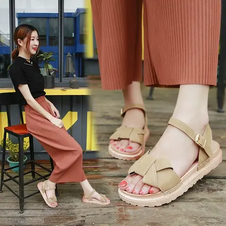 罗马凉鞋女学生夏2023新款百搭韩版一字扣平底女凉鞋厚底松糕鞋潮商品大图