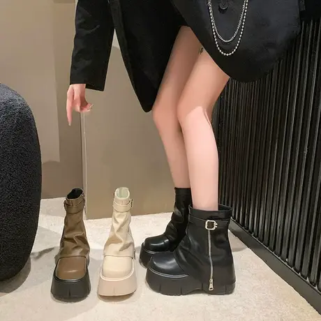 马丁靴女秋季新款2023年厚底松糕短靴超火气质复古裤管靴时尚女靴图片