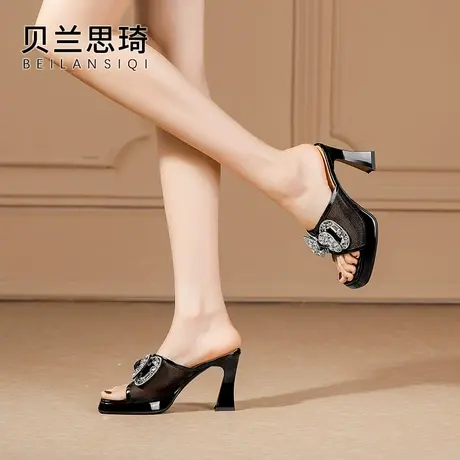 时尚水钻蝴蝶结厚底粗跟凉拖鞋女2023夏季新款外穿防水台高跟拖鞋商品大图