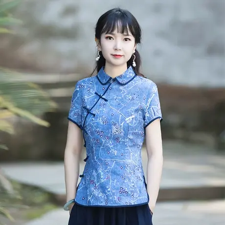 筠雅唐装女中国风夏季短袖棉麻上衣薄款印花透气修身复古中式女装商品大图