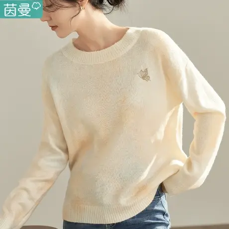 茵曼官方旗舰店女装2022秋冬新款文艺扎染圆领刺绣宽松长袖毛衣图片
