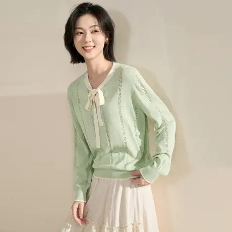 【商场同款】茵曼2023春女装新款法式优雅V领系带挑孔宽松针织衫图片