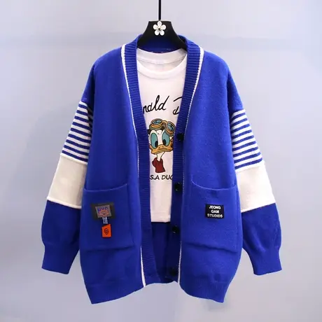 撞色条纹毛衣外套女春装2023年新款贴标字母洋气宽松百搭针织开衫图片