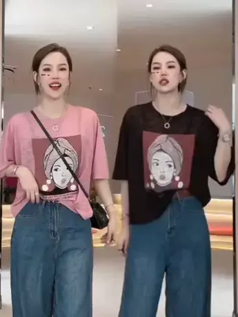 2023夏季新款百搭宽松显瘦时尚珍珠女孩印花圆领中袖针织上衣T恤图片