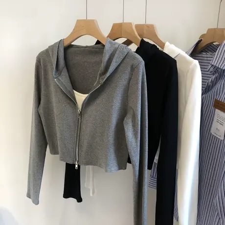 螺纹棉双拉链短款外套女春秋薄款修身弹力显瘦长袖开衫连帽卫衣潮图片