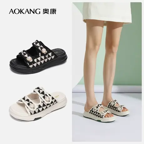 【门店发货】奥康女鞋 夏季新款透气格子休闲凉拖鞋外穿舒适时尚图片