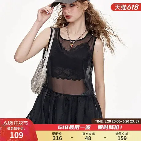 妖精的口袋重工烫钻系带黑色无袖蕾丝衫女2025年夏季新款气质上衣商品大图
