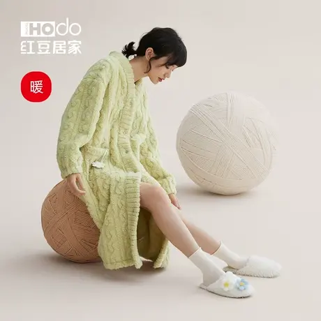 红豆居家睡袍女冬季珊瑚绒家居服睡裙可外穿加厚加绒秋冬睡衣长款商品大图