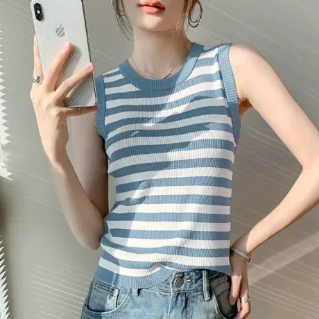 条纹法式吊带背心女2025春夏独特修身显瘦内搭圆领无袖针织打底衫图片