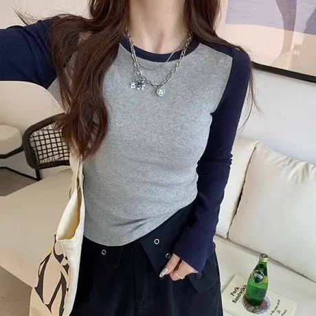 拼接撞色插肩袖T恤女春秋百搭韩版修身内搭短款打底衫长袖上衣服商品大图