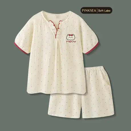 睡衣女款2025新款夏季纯棉纱布短袖家居服可爱猫咪女士短裤套装图片