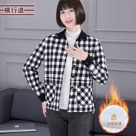 冬季大码女装翻领外穿外搭加厚加绒衬衫领百搭黑白格子长袖外套商品大图