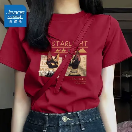 KMV真维斯埃及猫咪印花短袖t恤女夏2025新款宽松纯棉红色上衣体恤商品大图