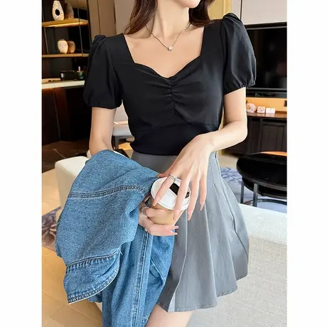 KWV真维斯t恤女夏季短袖褶皱方领泡泡袖短款修身型显瘦露脐设计感商品大图