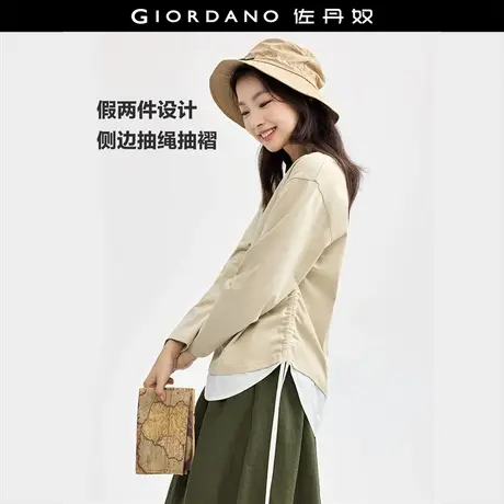 佐丹奴T恤女装纯棉假两件抽褶针织圆领长袖T恤 18324925商品大图