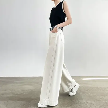 米白色宽松阔腿牛仔裤女2025夏季薄款高腰显瘦宽松垂感直筒拖地裤商品大图