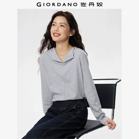佐丹奴长袖T恤女秋冬新款纯棉t恤衫纯色破骨小V翻领上衣13325790商品大图