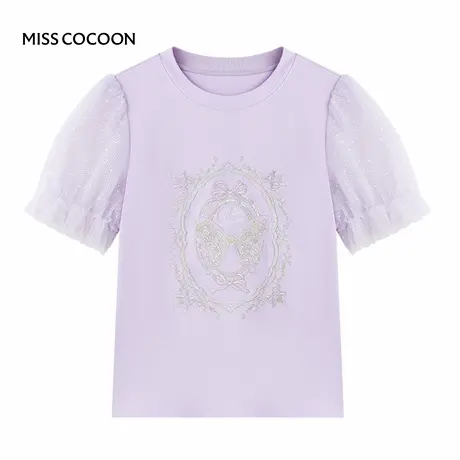 【七七酱直播间】MISS COCOON泡泡袖紫色刺绣T恤女蕾丝亮片上衣图片