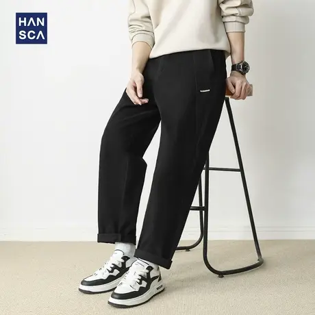 hansca秋季黑色直筒休闲裤男2025新款时尚拼接弹力百搭锥形长裤子商品大图