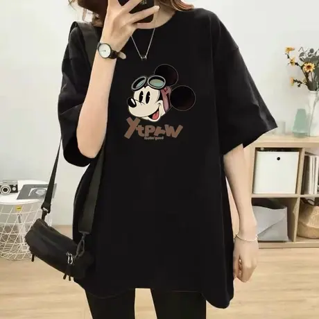 纯棉短袖t恤女2025新款宽松大版休闲遮屁股中长款百搭大码上衣夏商品大图