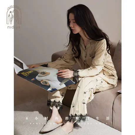 妮狄娅睡衣女秋季柔软棉长袖开衫款复古花卉春秋季气质家居服套装商品大图