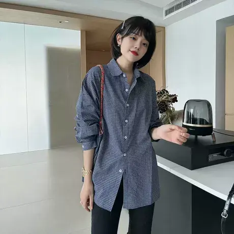 复古长袖翻领格子衬衫早秋女装2025新款设计感宽松显瘦叠穿衬衣女图片