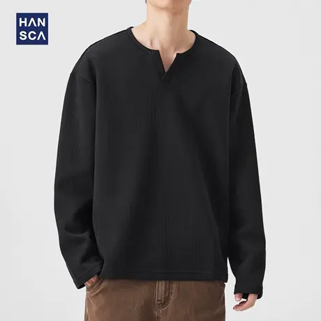 hansca 340g重磅潮流小V领卫衣男2025秋季宽松格纹肌理感痞帅上衣图片