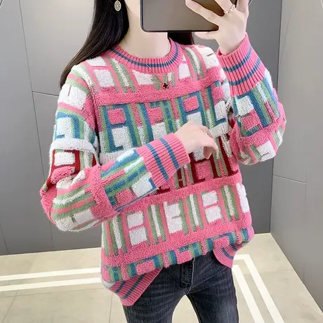 春装2023年新款女装圆领毛衣女宽松外穿慵懒风加厚套头针织打底衫商品大图