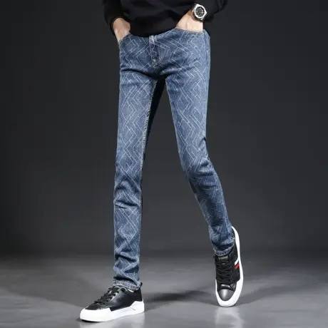 高端个性印花牛仔裤男款修身小脚2023新款秋季蓝色弹力百搭男裤子商品大图