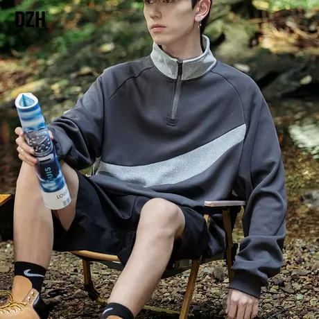 男士美式半拉链卫衣潮牌男宽松拼接设计感上衣情侣装秋款外套男装商品大图