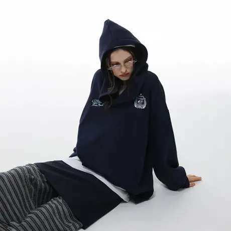 美式复古徽章刺绣连帽卫衣女秋季新款宽松休闲学院风情侣帽衫上衣商品大图