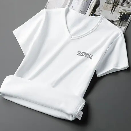 白色短袖t恤男装潮流V领上衣服秋冬季加绒加厚半袖保暖打底衫体恤商品大图