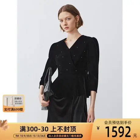 朗姿商场同款秋季收腰长袖黑色V领高感级法式通勤上衣女装商品大图