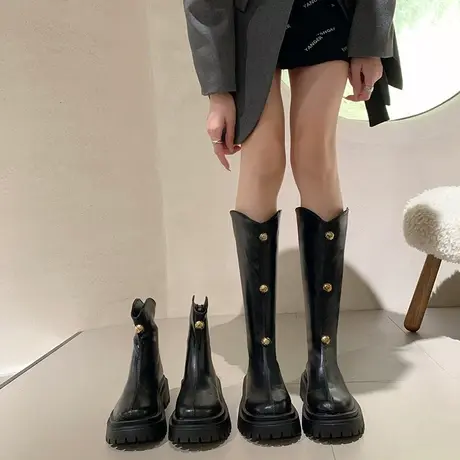 靴子女长筒靴高跟春秋爆款显瘦马丁靴2023新款v口粗跟厚底骑士靴图片