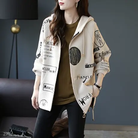 宝诗黎连帽字母亮片上衣2023秋季新款中长款百搭针织外套女装宽松商品大图