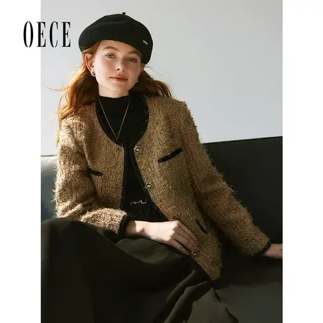 【双11新品】Oece复古小香风外套女2023秋冬季新款气质毛毛大衣商品大图