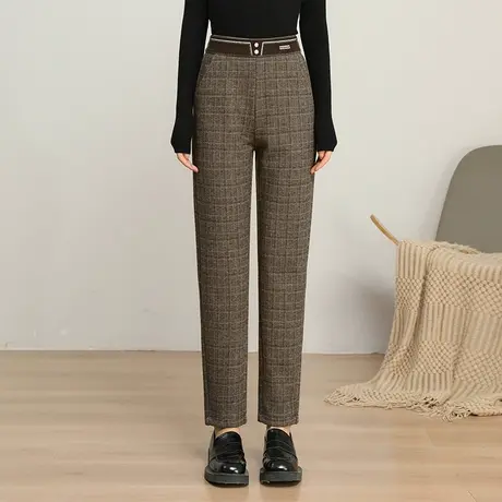 毛呢格子直筒裤宽松厚款小脚裤高腰显瘦休闲裤2023秋冬季新款长裤商品大图