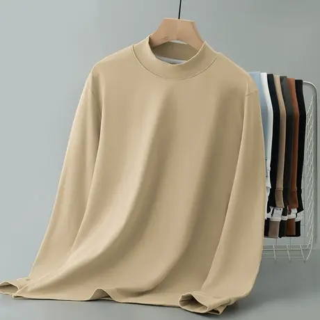 380g重磅t恤男长袖内搭半高领打底衫纯色体恤加厚款中领秋衣小衫商品大图