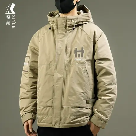 灰鸭绒连帽羽绒服男2023冬季新款宽松大码工装男士外套保暖棉衣潮商品大图