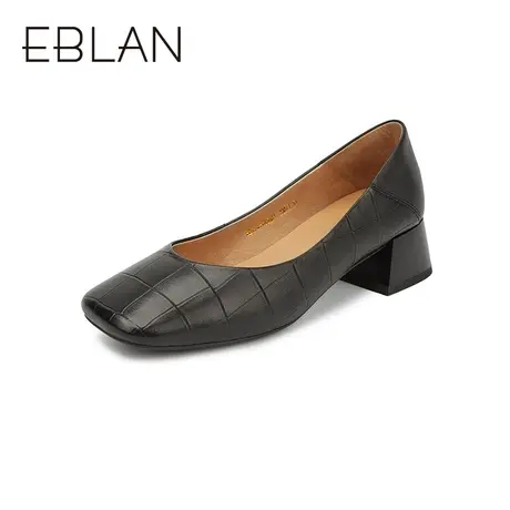 伊伴春季女鞋新款石头纹瓢鞋浅口皮鞋方跟中跟通勤日常约会女单鞋图片