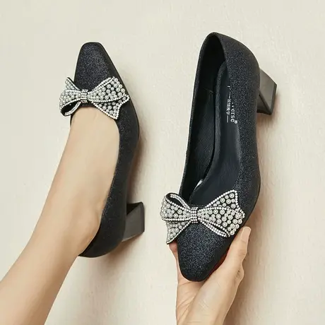 2024春季新款蝴蝶结单鞋女气质优雅仙女风粗跟中跟浅口杏头鞋子女商品大图