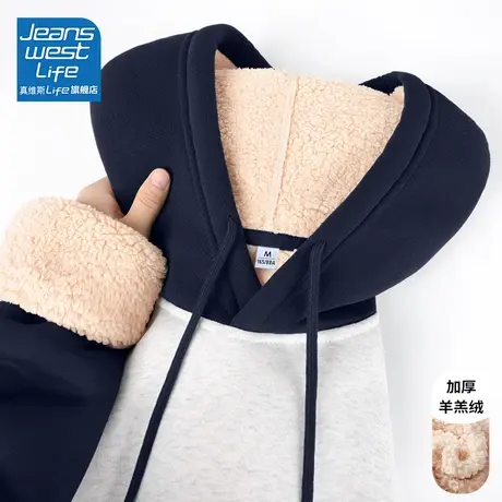 真维斯LIFE紫色美式复古加绒卫衣女秋冬款小个子羊羔绒加厚外套女商品大图