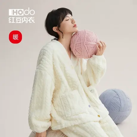 红豆珊瑚绒睡衣女冬季加厚可外穿泡泡绒居家套装法兰绒女士家居服商品大图