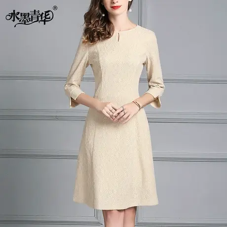 【1件7.9折】冬装新品简约修身收腰A摆复合蕾丝连衣裙图片