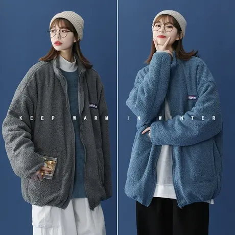 羊羔毛外套男秋冬款潮ins高街加绒加厚夹克潮牌大码宽松情侣棉衣商品大图