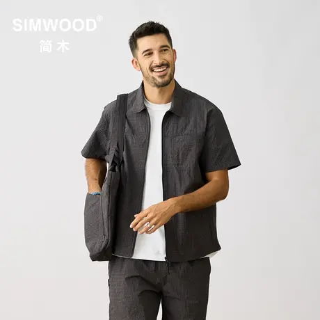 Simwood简木男装【宽松版型】户外薄款格子翻领短袖夹克衬衫男图片