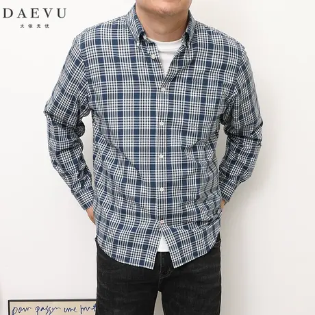 DAEVU春秋新款格子潮胖子加肥加大码男士长袖休闲棉感衬衫衬衣商品大图